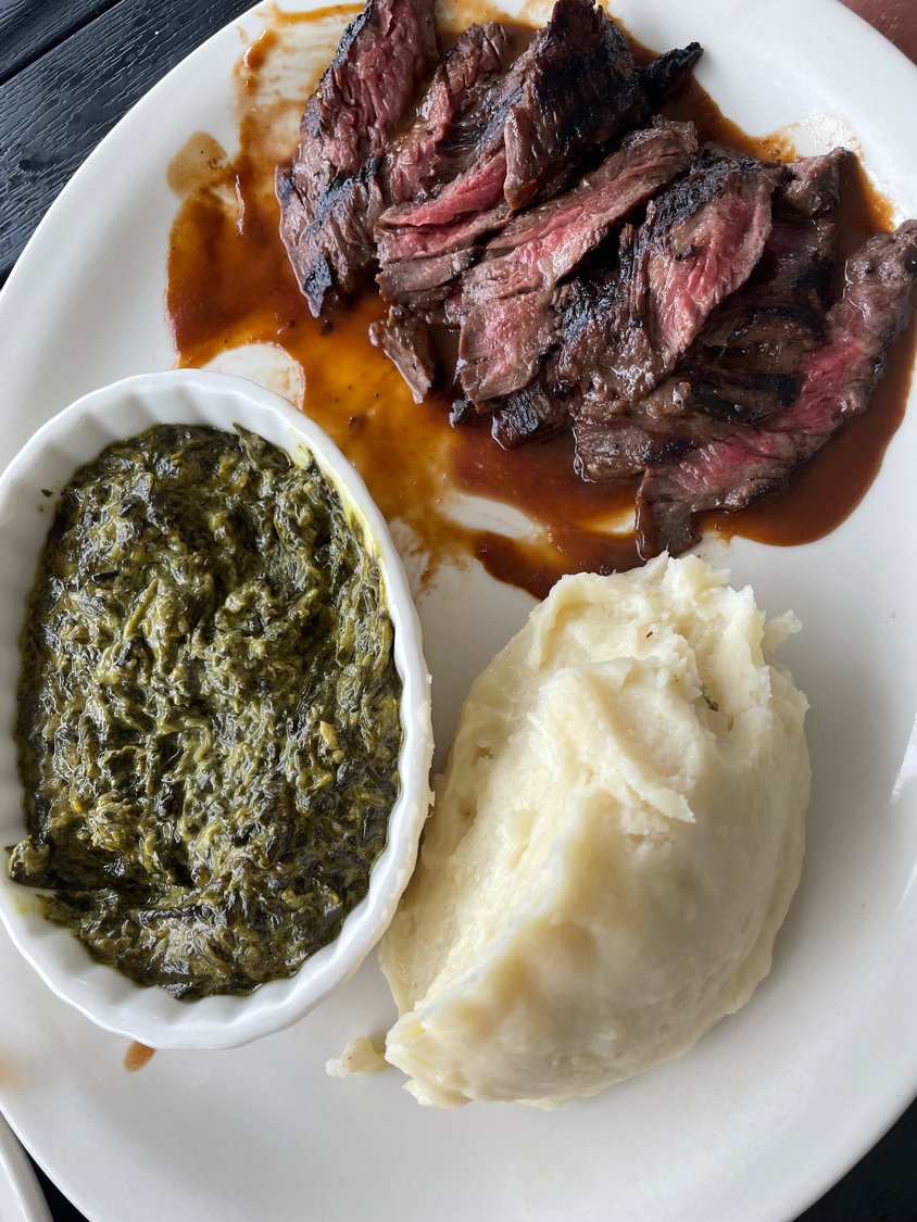 My husband’s grilled skirt steak paired with potatoes and creamed spinach. Perfect for non-seafood lovers.